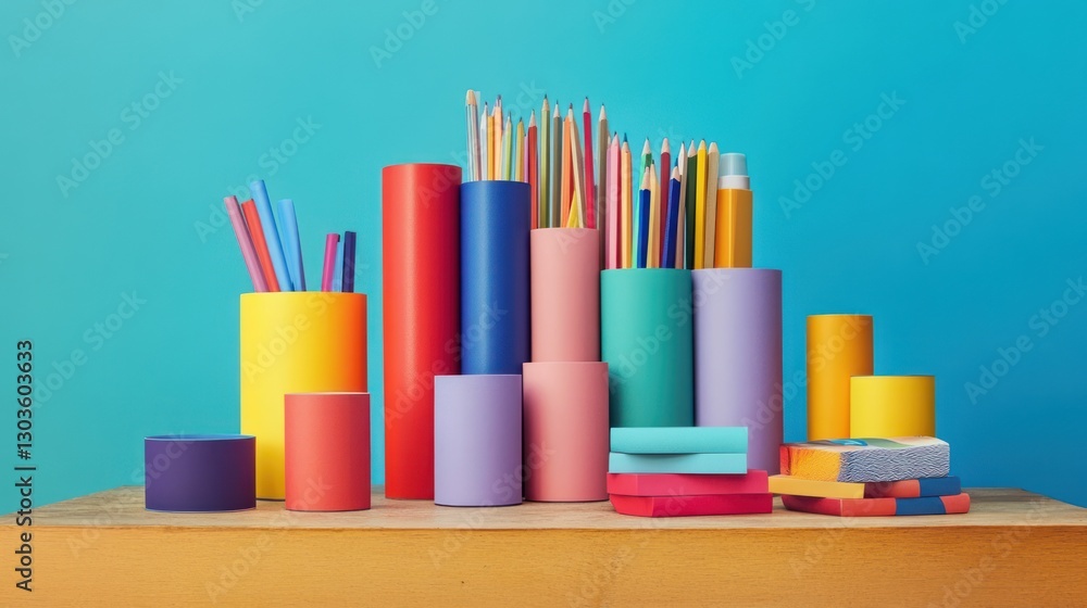 Fototapeta premium Colorful stationery collection on a wooden surface