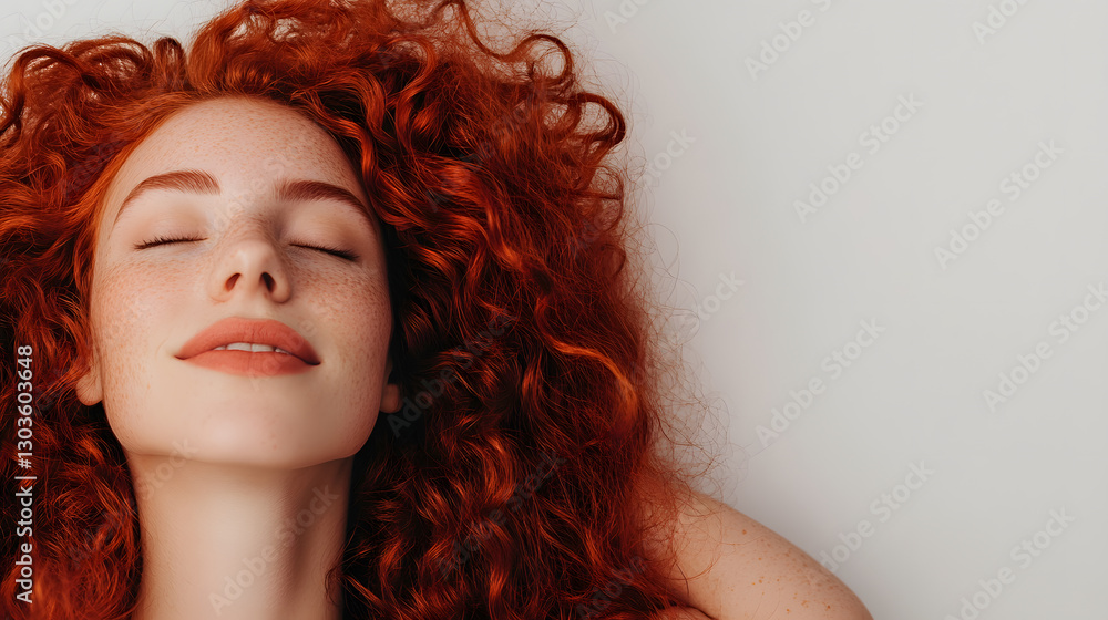 Fototapeta premium Woman with auburn curls and freckles, eyes closed, resting. Expressing serenity and beauty. Close-up shot.