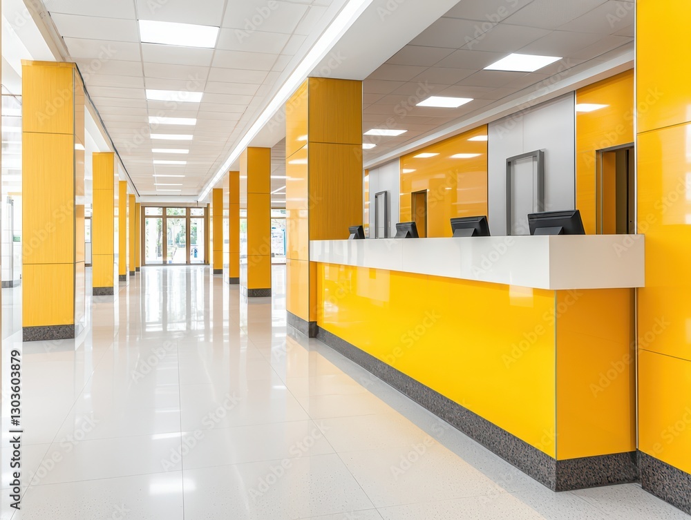 Fototapeta premium Modern Government Office Interior with Bright Yellow Design and Empty Waiting Area