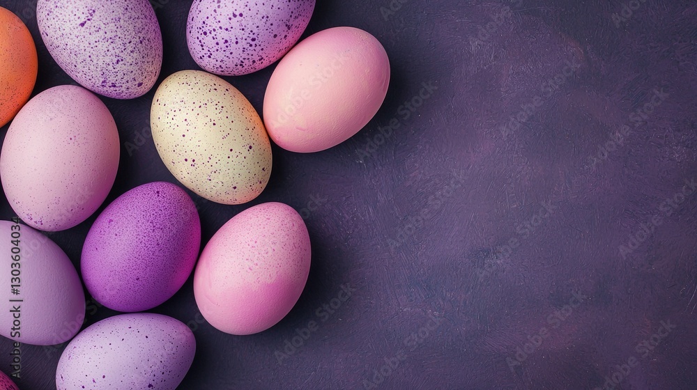 A cluster of eggs arranged on a purple surface with speckled eggs at their center A cluster of eggs arranged on a purple surface with speckled eggs at their center