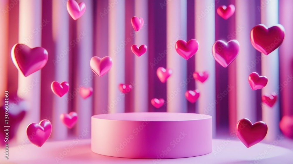 Pink Hearts Falling on a Cylindrical Platform: A Romantic 3D Render Pink Hearts Falling on a Cylindrical Platform: A Romantic 3D Render