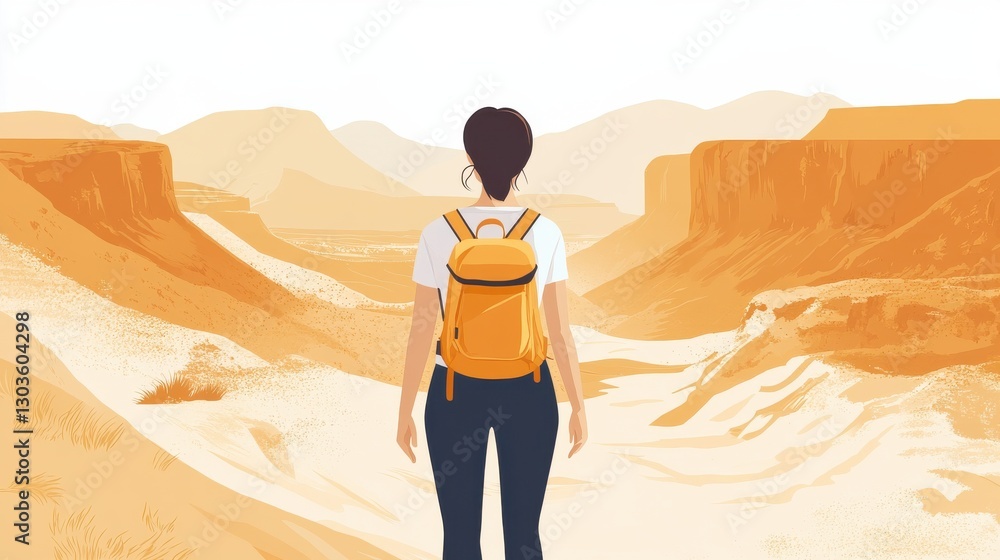 Woman Exploring Desert Landscape with Orange Backpack on a Journey Woman Exploring Desert Landscape with Orange Backpack on a Journey
