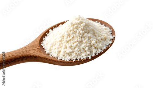 A rustic wooden spoon holding a heap of organic coconut flour, highlighting its purity and natural appeal, isolated on a white background with precise clipping, side view, perfect for wellness and eco