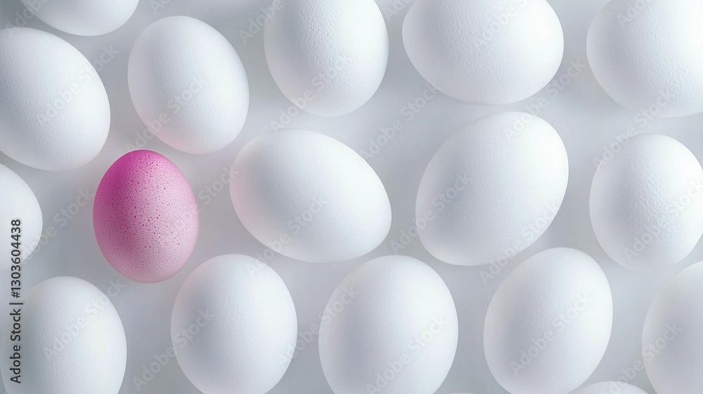 Pink egg on white surface with white eggs surrounding it Pink egg on white surface with white eggs surrounding it