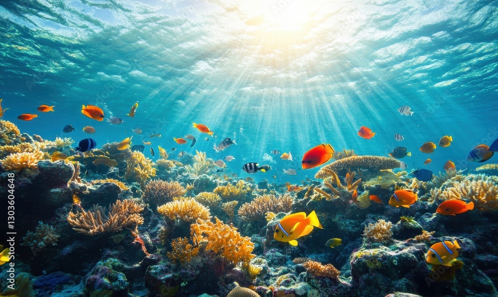 Fototapeta premium Vibrant Underwater Scene with Colorful Fish and Coral Reef in Tropical Ocean Highlighted by Sunlight Rays Streaming Through Water Surface