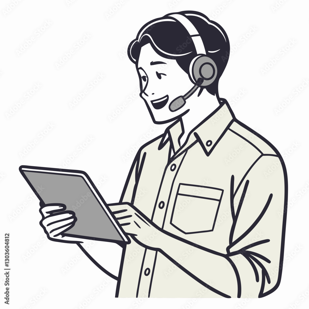 Vector Portrait of successful Asian worker with headset and tablet computer in hands. Man smiling and looking at camera, working inside office at workplace. Online support service worker Vector Portrait of successful Asian worker with headset and tablet computer in hands. Man smiling and looking at camera, working inside office at workplace. Online support service worker