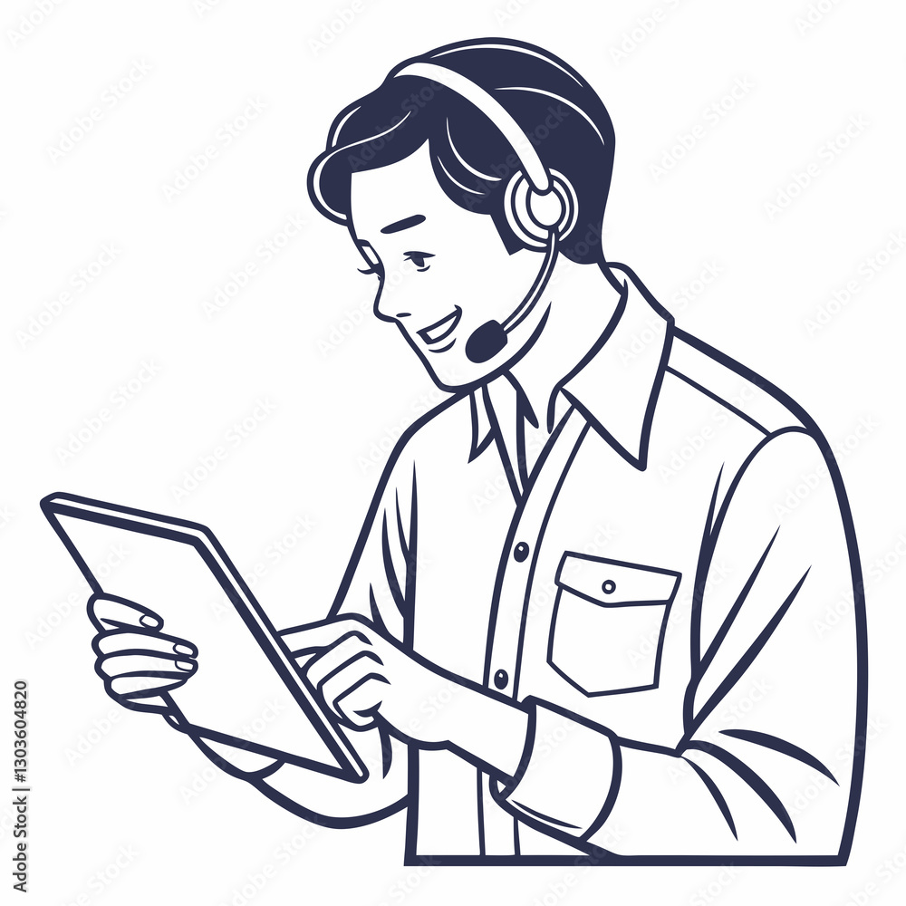 Vector Portrait of successful Asian worker with headset and tablet computer in hands. Man smiling and looking at camera, working inside office at workplace. Online support service worker Vector Portrait of successful Asian worker with headset and tablet computer in hands. Man smiling and looking at camera, working inside office at workplace. Online support service worker
