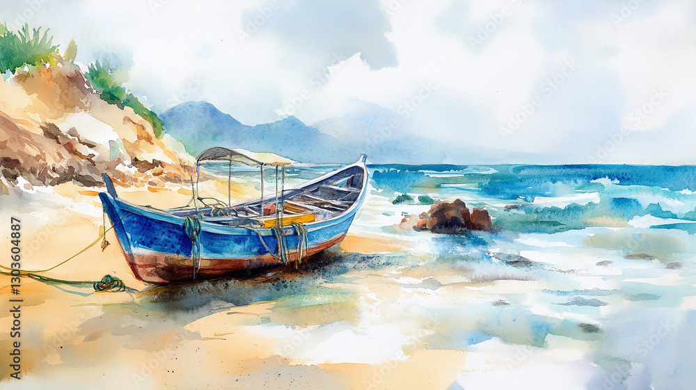 Obraz premium Watercolor Fantasy Illustration – Boat on the Shore, Ocean Art, Dreamy Beach Scene, Storybook & Children's Book Illustration