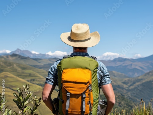 Hiker Enjoying Scenic View from Hilltop in Bright Sunny Weather