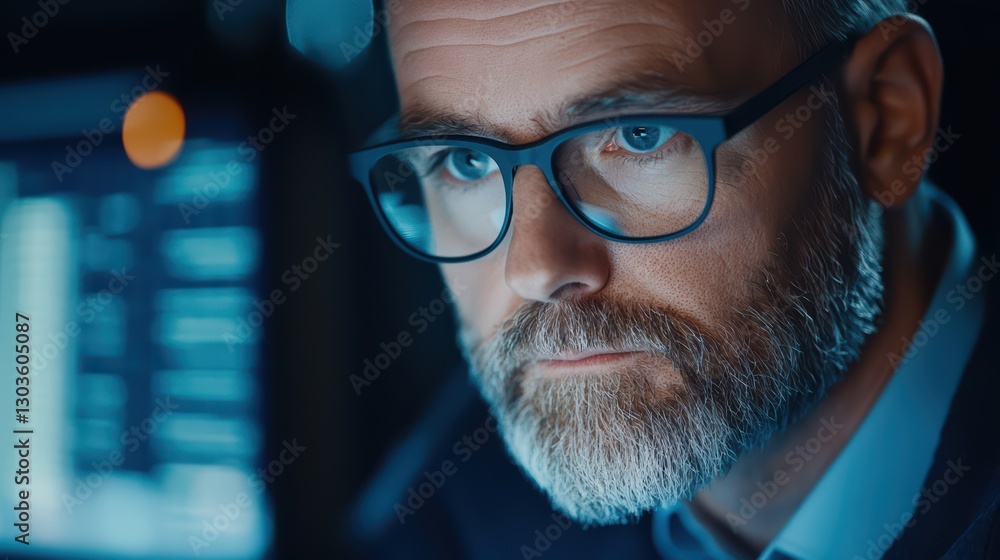 Focused Investment Strategist Analyzing Stock Market Trends in a Modern Office Environment Focused Investment Strategist Analyzing Stock Market Trends in a Modern Office Environment