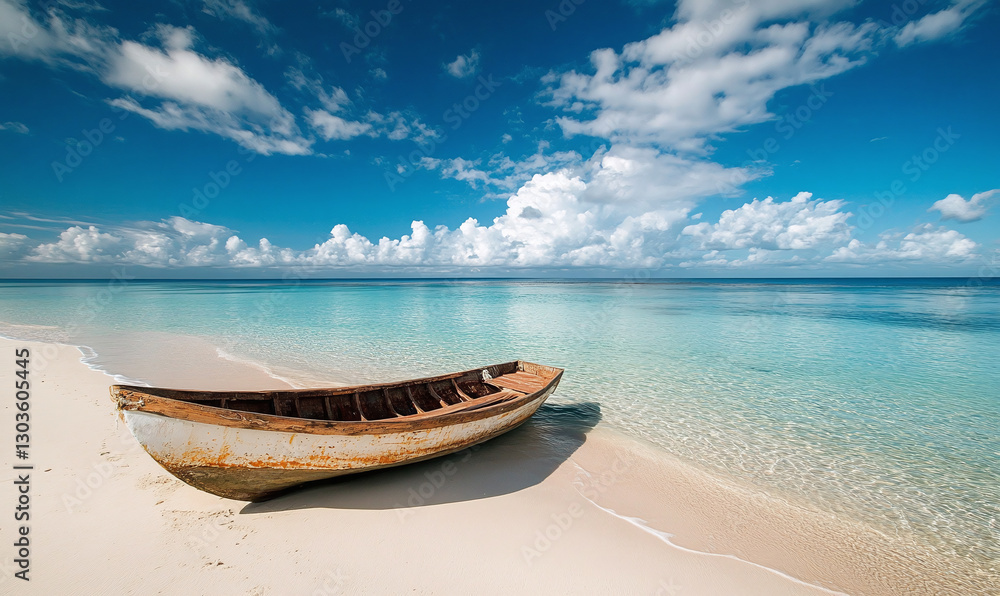 Old Wooden Boat Resting on a Serene Beach with Ocean Waves and a Tranquil Sky – Peaceful Coastal Landscape. Travel. Old Wooden Boat Resting on a Serene Beach with Ocean Waves and a Tranquil Sky – Peaceful Coastal Landscape. Travel.