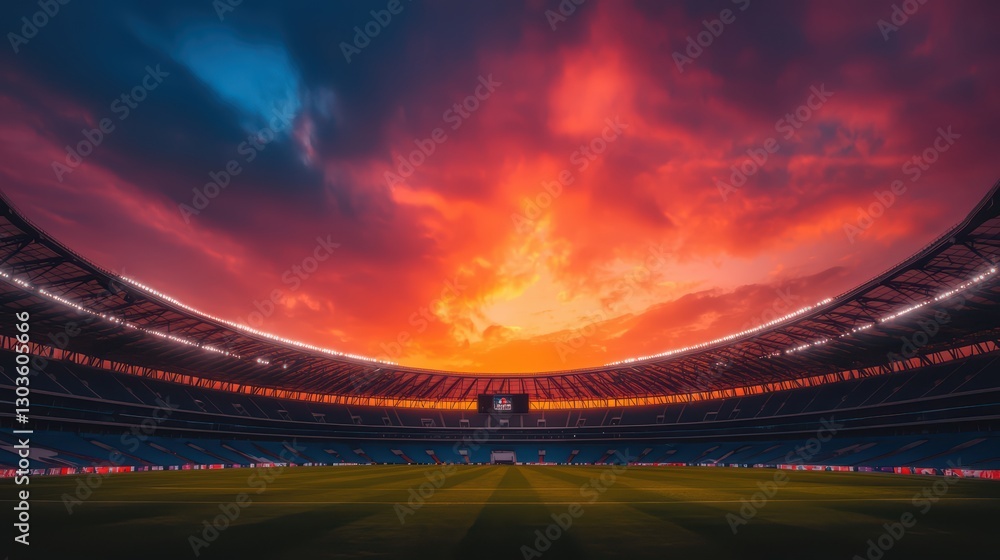 Fototapeta premium Breathtaking Sunset Over Massive Football Stadium Surrounded by Chaos and Excitement