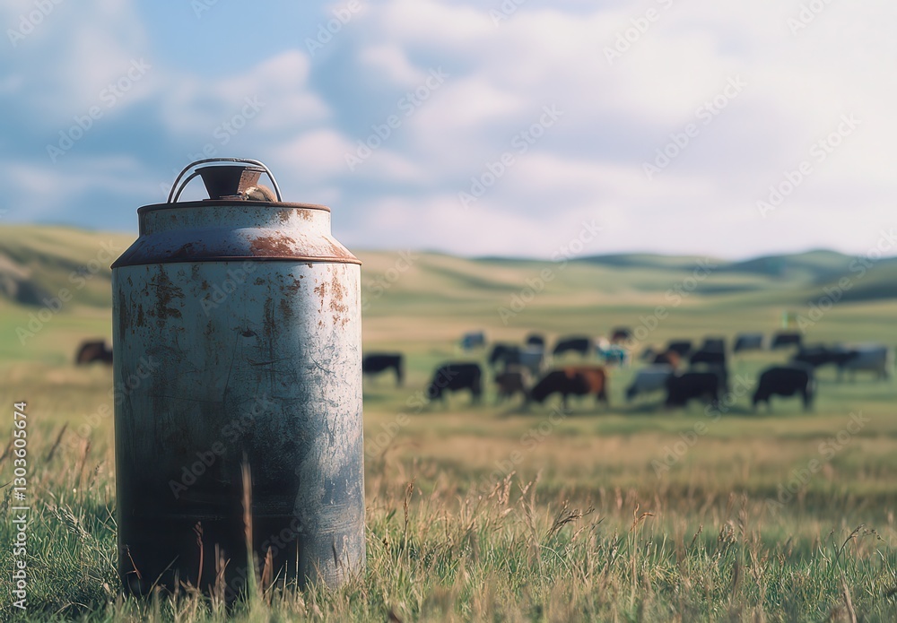 Obraz premium Vintage Milk Can in Tranquil Pastoral Landscape Surrounded by Grazing Cows Under a Bright Sky with Rolling Green Hills in the Background