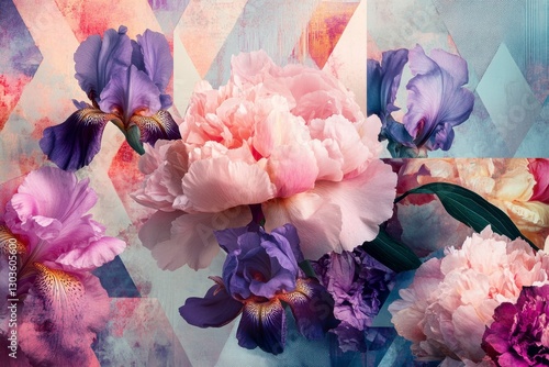 Fototapeta Naklejka Na Ścianę i Meble -  Floral arrangement featuring oversized pink peony blooms and purple iris flowers against an abstract geometric background