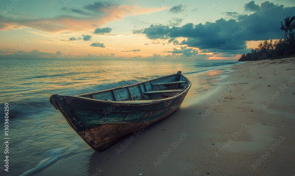 Old Wooden Boat Resting on a Serene Beach with Ocean Waves and a Tranquil Sky – Peaceful Coastal Landscape. Travel. Old Wooden Boat Resting on a Serene Beach with Ocean Waves and a Tranquil Sky – Peaceful Coastal Landscape. Travel.