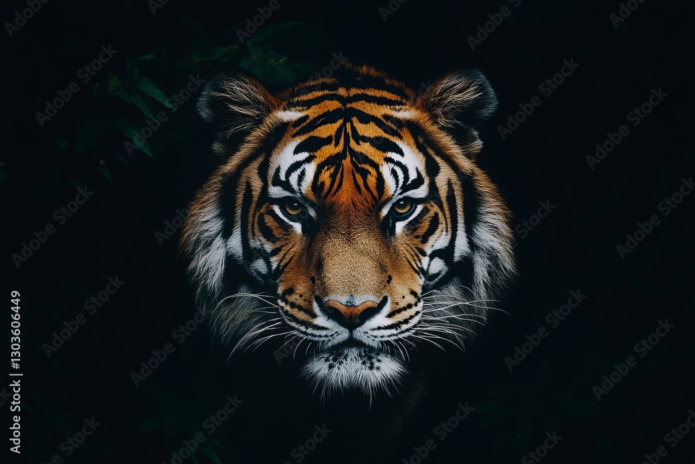 Fototapeta premium Majestic Bengal Tiger Portrait Dark Background Powerful Wildcat Intense Gaze Wildlife Photography Nature Image Animal Closeup Predatory Orange Stripes