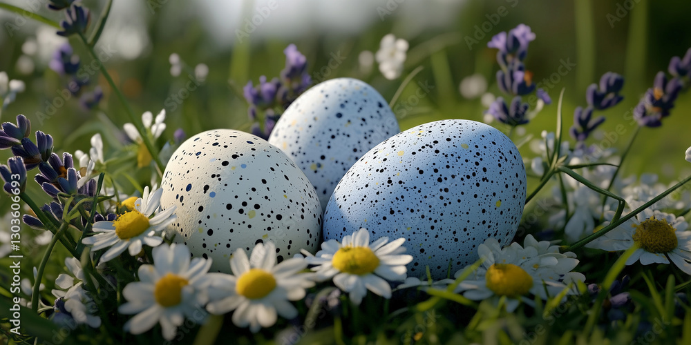 Fototapeta premium Speckled eggs nestled among wildflowers like daisies and lavender.