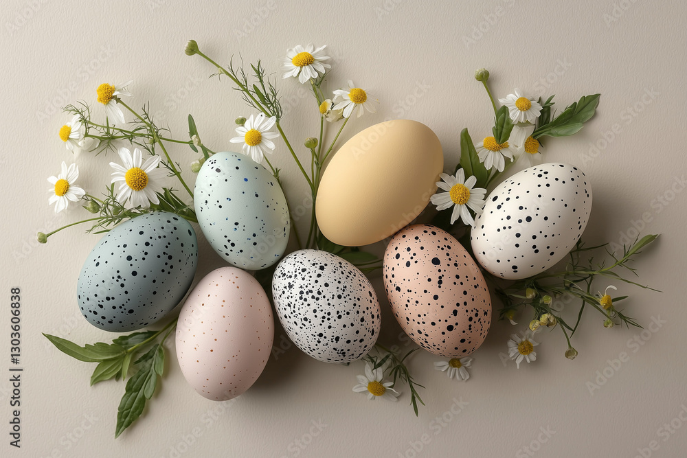 Fototapeta premium Collection of eggs arranged with sprigs of chamomile and green leaves. Natural Easter composition.