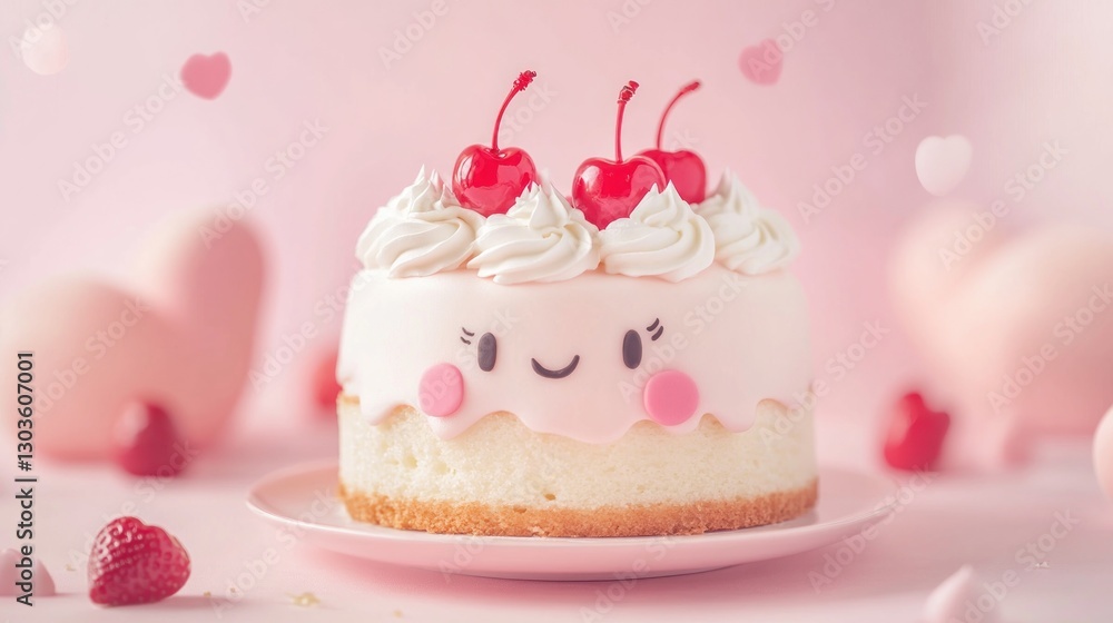 Cute cake with cherries, frosting on plate, pink hearts backdrop, sweet treat, dessert Cute cake with cherries, frosting on plate, pink hearts backdrop, sweet treat, dessert