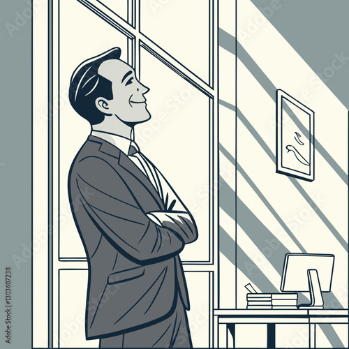 Vector Portrait of successful businessman inside office in business suit, man with crossed arms smiling and looking at camera, experienced financier boss near window, investor