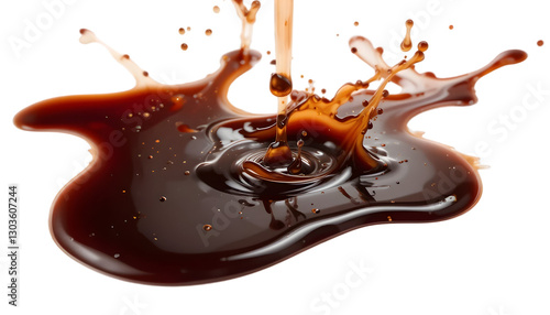 A realistic depiction of spilled soy sauce forming a dynamic puddle with natural splashes, isolated on a white background with clean clipping, perfect for culinary, food packaging, and Asian cuisine t