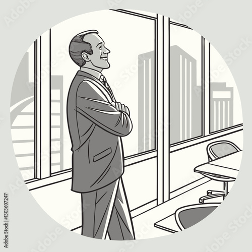 Vector Portrait of successful businessman inside office in business suit, man with crossed arms smiling and looking at camera, experienced financier boss near window, investor