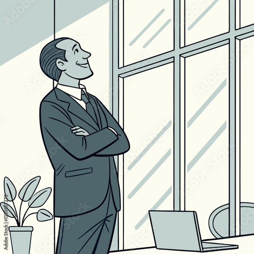 Vector Portrait of successful businessman inside office in business suit, man with crossed arms smiling and looking at camera, experienced financier boss near window, investor