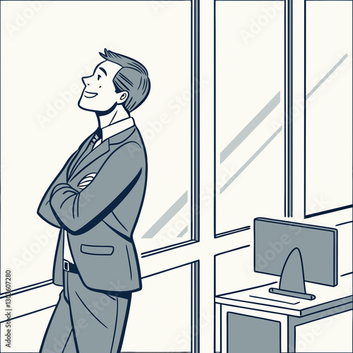 Vector Portrait of successful businessman inside office in business suit, man with crossed arms smiling and looking at camera, experienced financier boss near window, investor