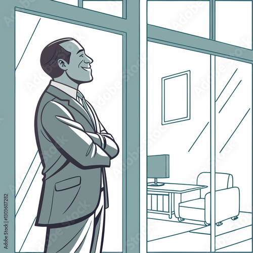 Vector Portrait of successful businessman inside office in business suit, man with crossed arms smiling and looking at camera, experienced financier boss near window, investor