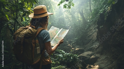 Woman exploring lush rainforest with map, adventure, journey, backpacking, travel