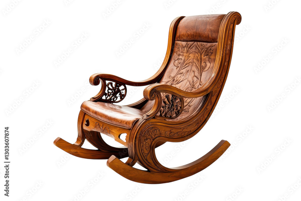 Elegant handcrafted rocking chair with intricate carvings in warm wood tones showcasing artistry isolated on transparent background