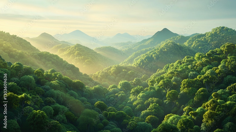 Fototapeta premium A mountain range with trees in the foreground and sunlight shining through the clouds in the background