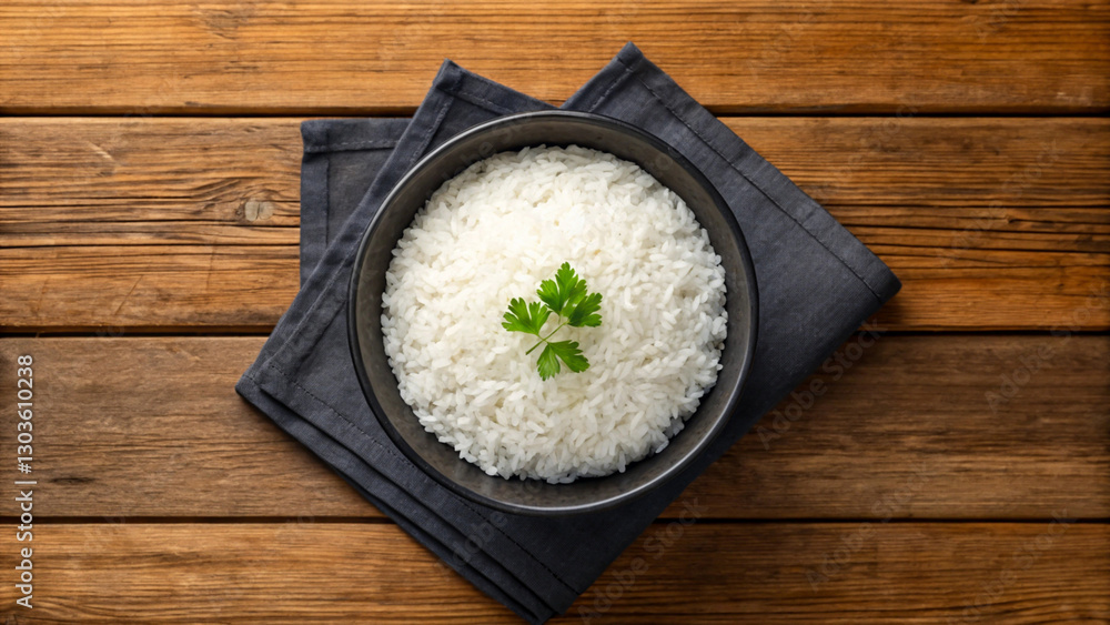 Bowl of Cooked White Rice Garnished with Fresh Parsley on Wooden Table Bowl of Cooked White Rice Garnished with Fresh Parsley on Wooden Table