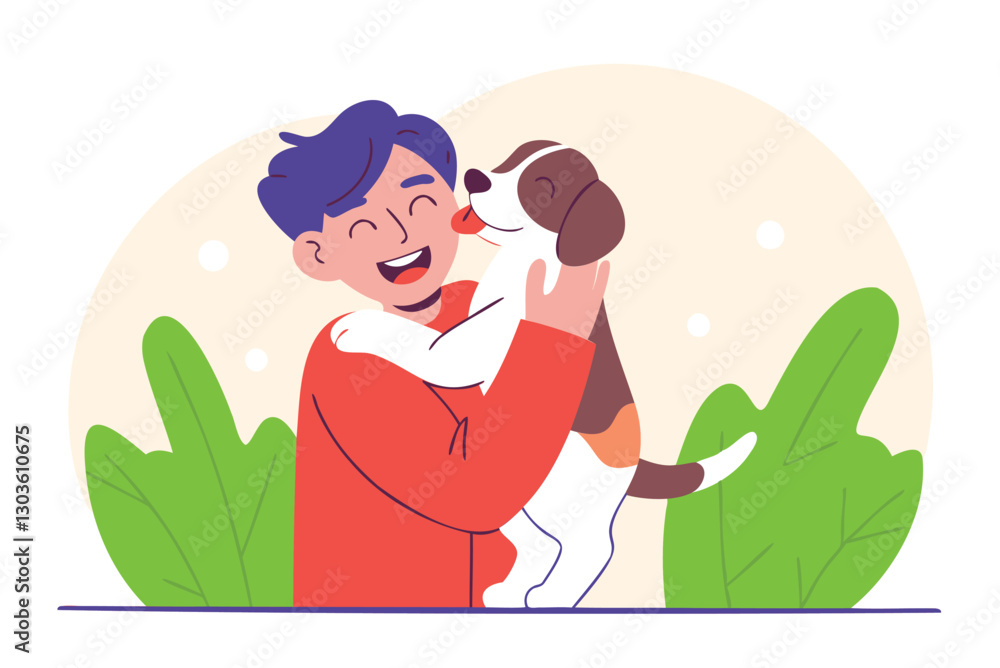 Cute boy hugging his dog pet, vector illustration, loving pet owner, dog lover Cute boy hugging his dog pet, vector illustration, loving pet owner, dog lover
