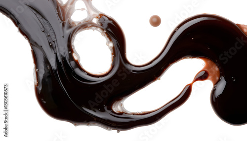 A detailed image of soy sauce spilled in a natural, flowing pattern, showcasing its rich, dark color and glossy texture, isolated on a white background with precise clipping, ideal for food photograph