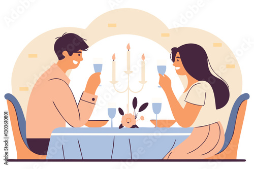 Couple having candlestick dinner, romantic evening, vector illustration, candlelight dinner, love theme