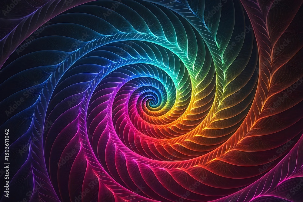 Colorful Spiral Pattern with Neon Rainbow Feathers Colorful Spiral Pattern with Neon Rainbow Feathers