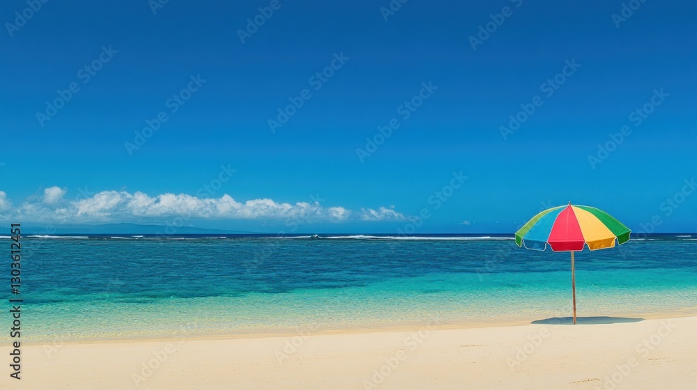 Tropical Beach Paradise: Vibrant Umbrella on Pristine Shoreline Tropical Beach Paradise: Vibrant Umbrella on Pristine Shoreline