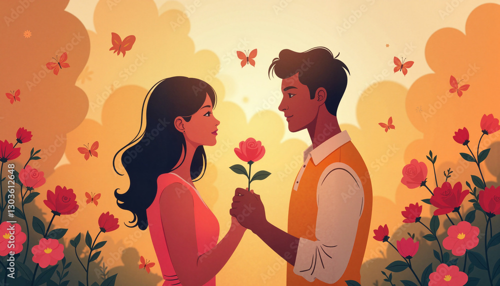 Couple sharing a rose in a vibrant garden, love and connection Couple sharing a rose in a vibrant garden, love and connection