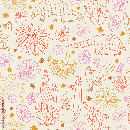 Vector seamless pattern with tropical animals, desert cacti, florals, pangolins, snakes and roadrunners. A very sweet illustrative wilderness environment full of wildlife. 