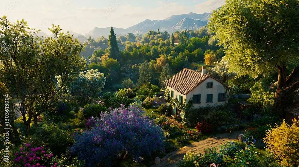 Obraz premium A house surrounded by a lush garden, replete with towering trees and blooming flowers, against a majestic mountain backdrop