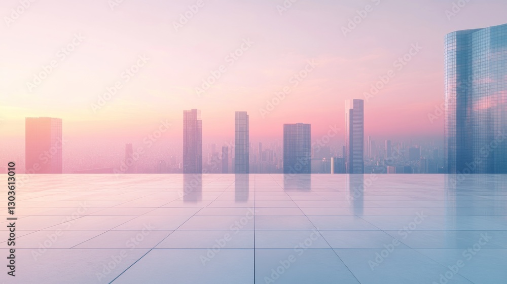 Cityscape Empty tiled rooftop view overlooking highrise skyscrapers at sunrise with a bright sky backdrop Cityscape Empty tiled rooftop view overlooking highrise skyscrapers at sunrise with a bright sky backdrop