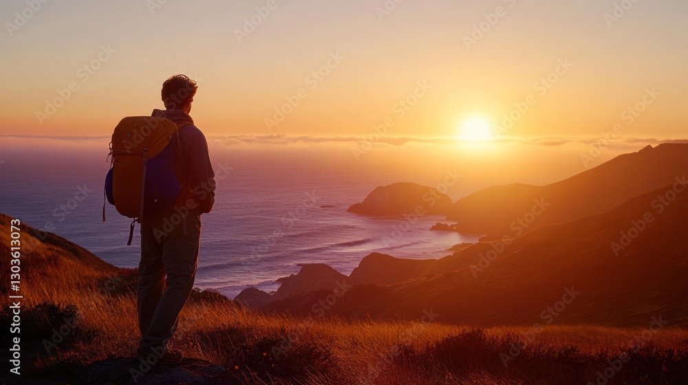 Fototapeta premium Sunset Hike: Contemplation on a Coastal Cliff