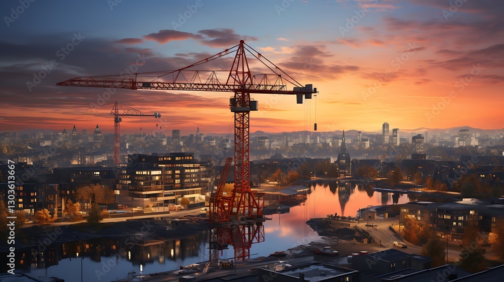 Obraz premium Construction at Sunset: A Cityscape Under Transformation