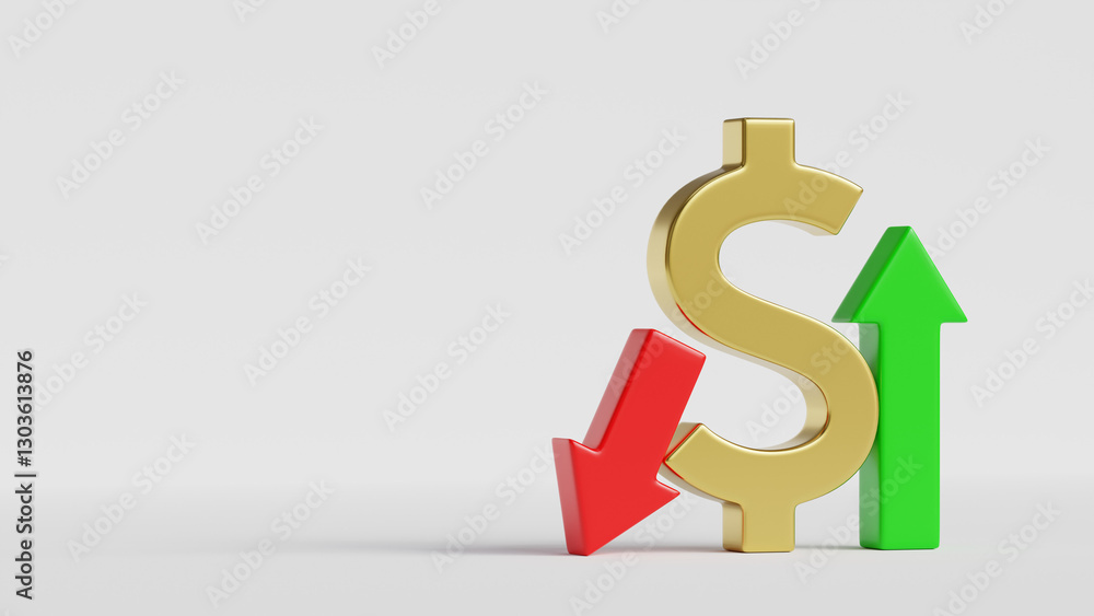 Fototapeta premium Golden 3d dollar sign and red and green arrows pointing up and down. 3d render illustration