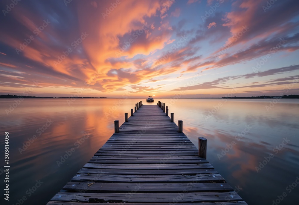 Serene Sunset At The Lake. Calm Water Reflects Vivid Colors. Wooden Pier Leads To A Boat, A Peaceful Escape. Golden Hour Beauty. Reflections On The Water. Serene Sunset At The Lake. Calm Water Reflects Vivid Colors. Wooden Pier Leads To A Boat, A Peaceful Escape. Golden Hour Beauty. Reflections On The Water.
