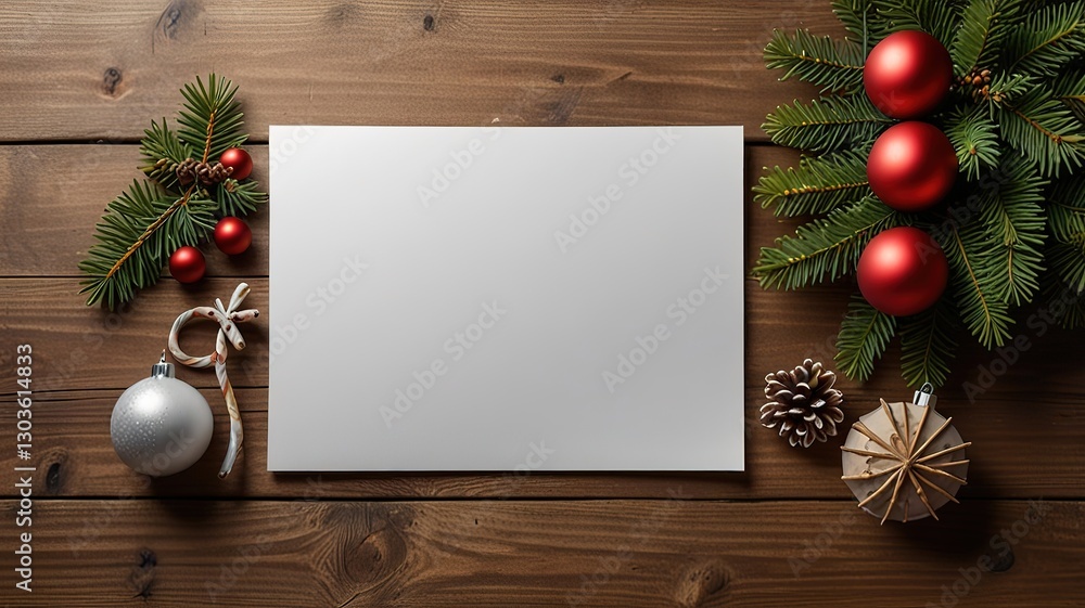 Fototapeta premium Greeting card christmas mockup with fir tree branches on dark wooden background
