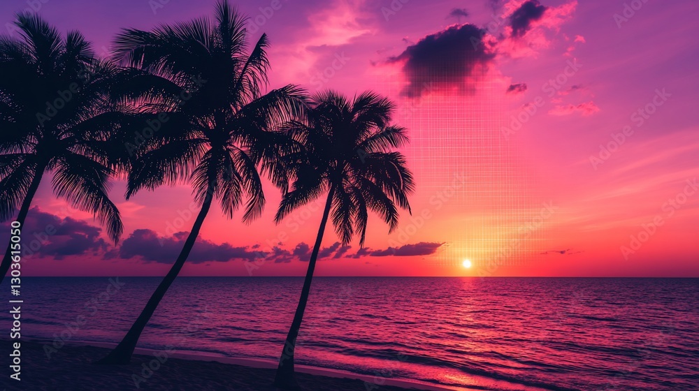 Tropical sunset with palm trees silhouetted against vibrant pink sky over the ocean Tropical sunset with palm trees silhouetted against vibrant pink sky over the ocean
