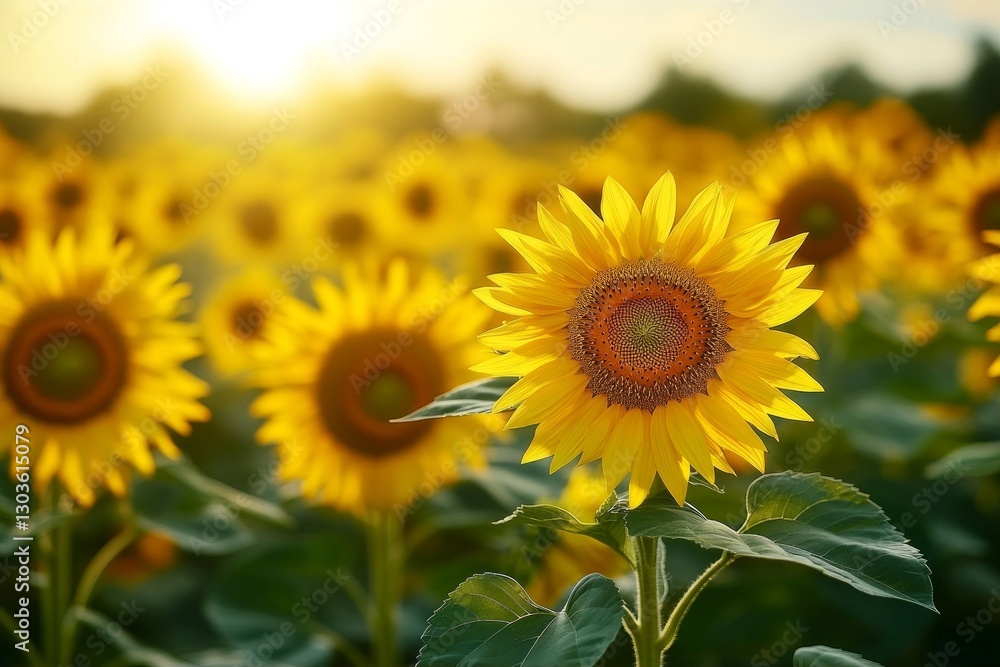 Fototapeta premium sunflower field, with vibrant yellow heads tracking the afternoon sun