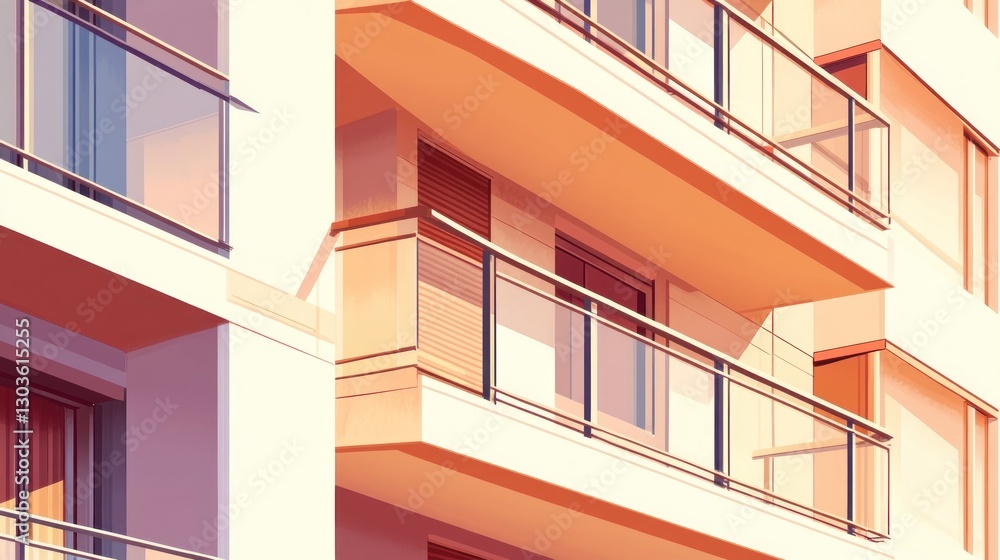 Building facade with balconies in warm sunlight. Residential exterior architecture with sky reflecting in windows Building facade with balconies in warm sunlight. Residential exterior architecture with sky reflecting in windows